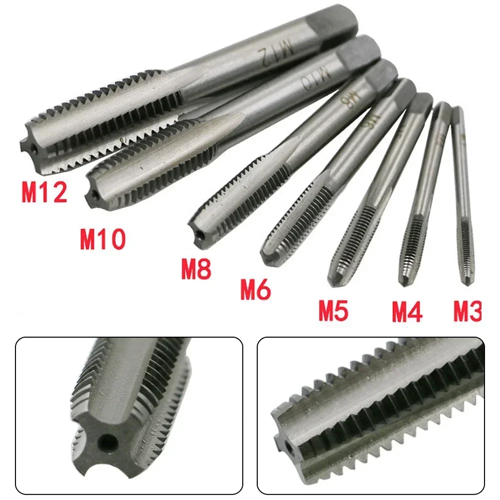 7pcs Bearing Steel Taper Hand Spiral Point Straight Fluted Screw Thread Hand Tap Drill M3-M10 Tap Die