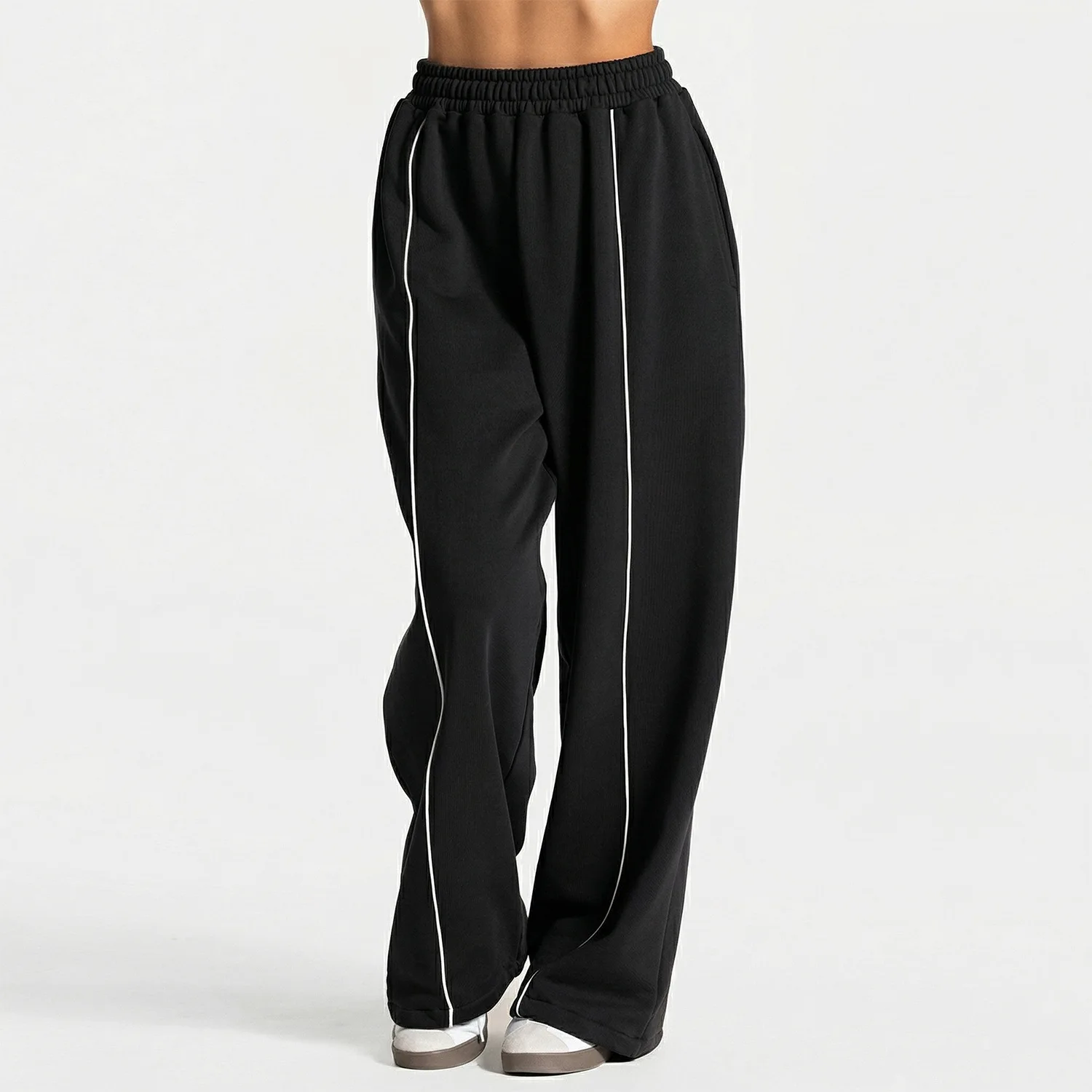 Contrastline Wide Leg Joggers Women Running Trouser Pure Cotton Mid Waist Casual Loose Sports Yoga Pants With Back Pocket