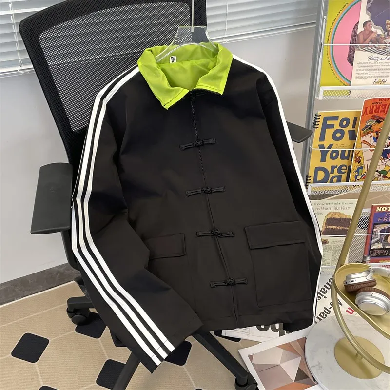 

New Chinese Sle Men's Jaet Spring Autumn Casual Loose Design Striped Tang Costume Outerwear Button up Collar Trendy Brand