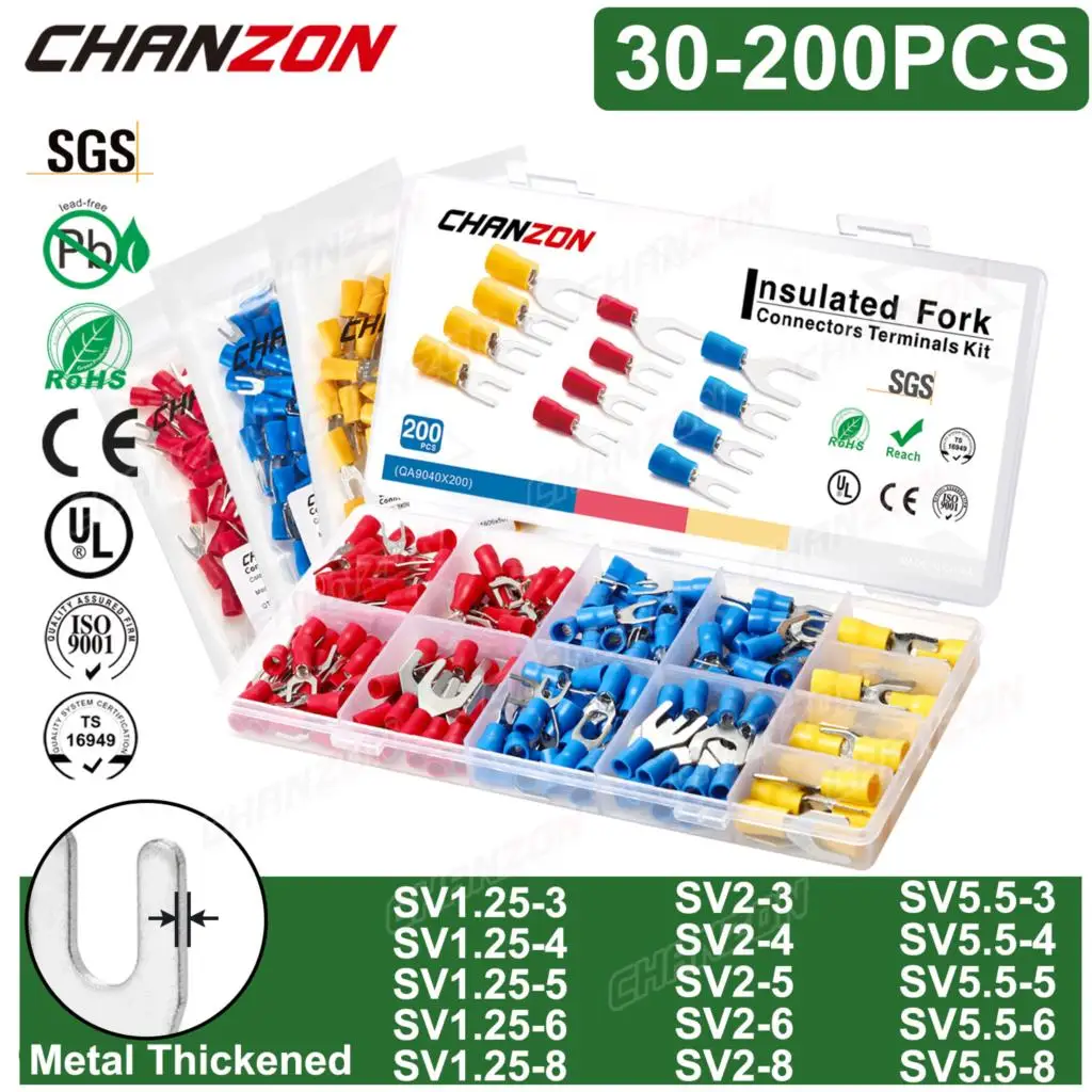 SV1.25 SV2 SV5.5 Insulated Electrical Fork Wire Connector Kit Copper Crimp Splice Wirefy Solderless Terminal 22-10AWG Assortment