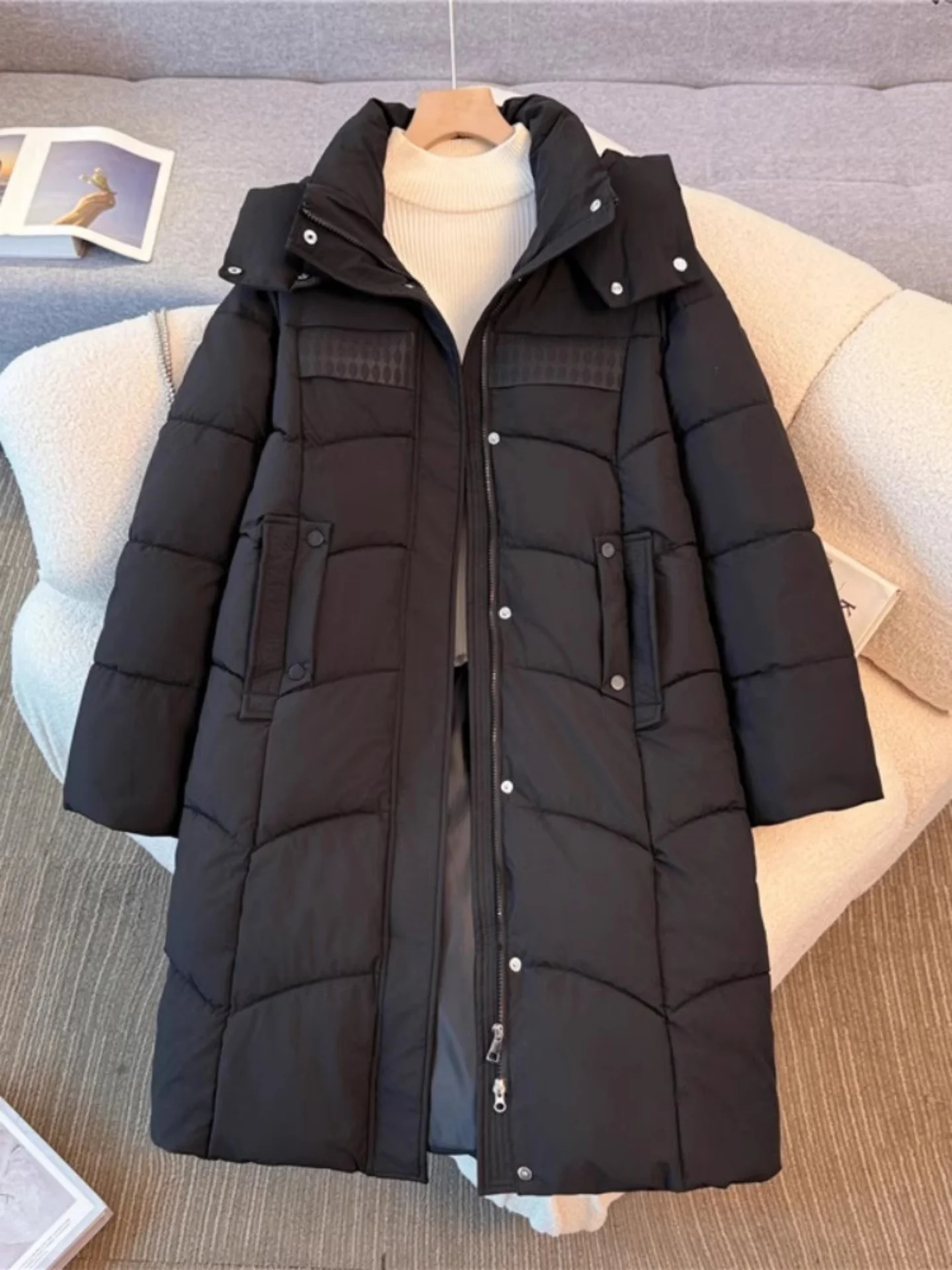 

Утепленное пальто Bla Long Bread Sle Coat 2025 для женщин больших размеров, свободное, теплое, хлопковое, повседневное, уличный стиль, с капюшоном, на молнии