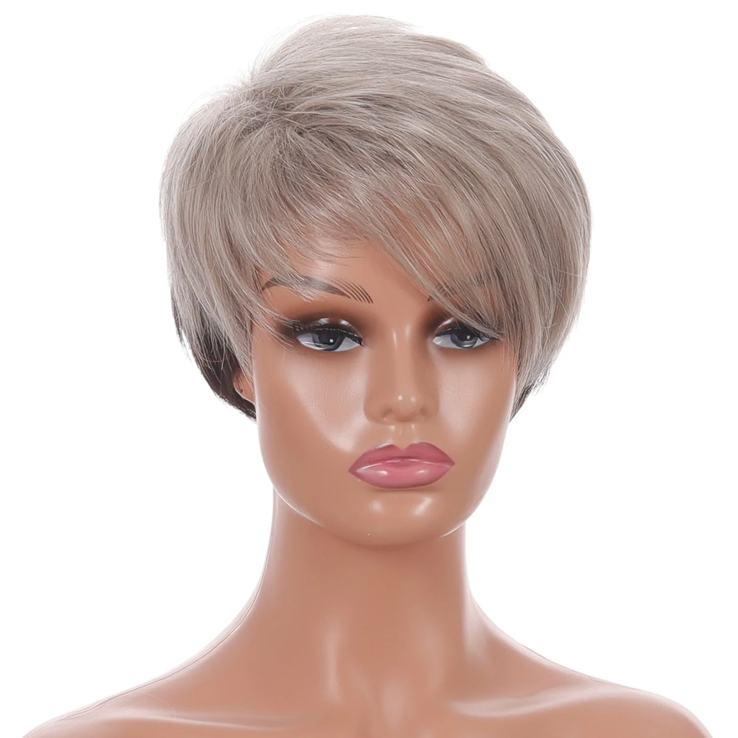 Short Straight Ombre Blonde Wig with Bang for Women Synthetic Natural Hair Wig Dark Roots Heat Resistant Wigs