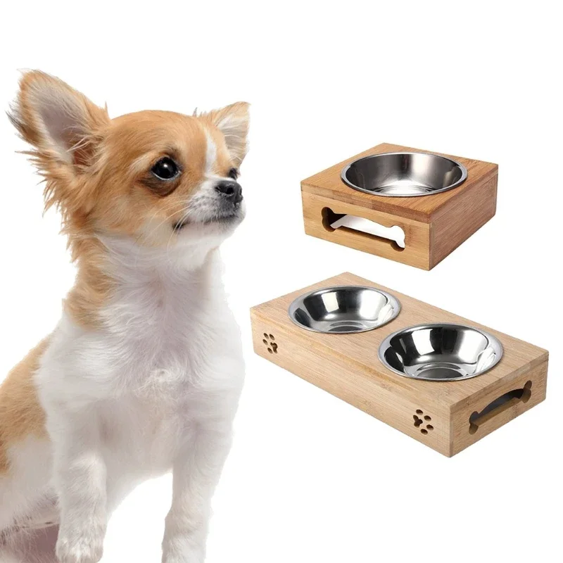 

Pet Raised Feeder Solid Bamboo Stand with Removable Stainless Steel Bowl for Cats and Small Dogs Practical Gift Durable