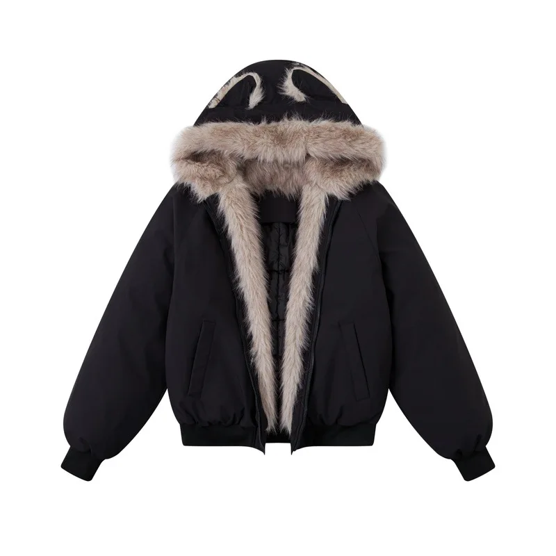 Women Shearling Parkas Coats Solid Jackets Hooded Zipper Pocket Long Sleeves Thick Loose Office Lady Casual 2025 Autumn Winter