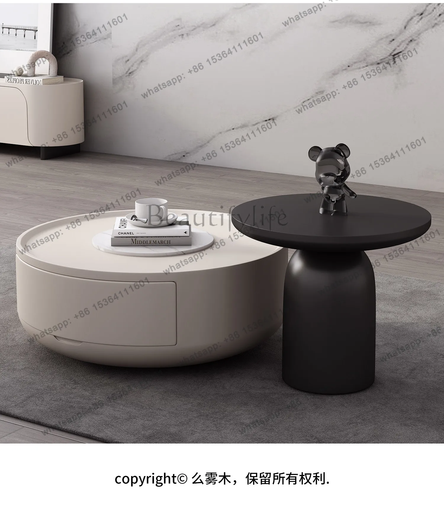 LS cream wind coffee table French modern simple rock slab living room household size round coffee table
