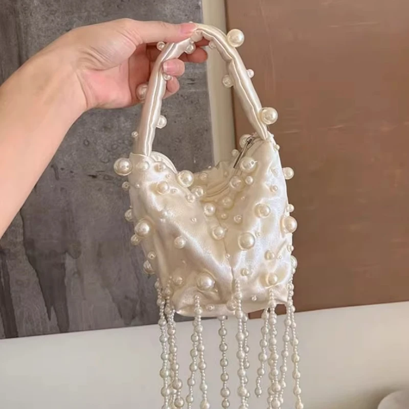 

Luxury Design Women's Evening Bag Handmade Pearl Woven Tassel Handbag Dance Party Wedding Small Box Basket Clutch Bag 2025