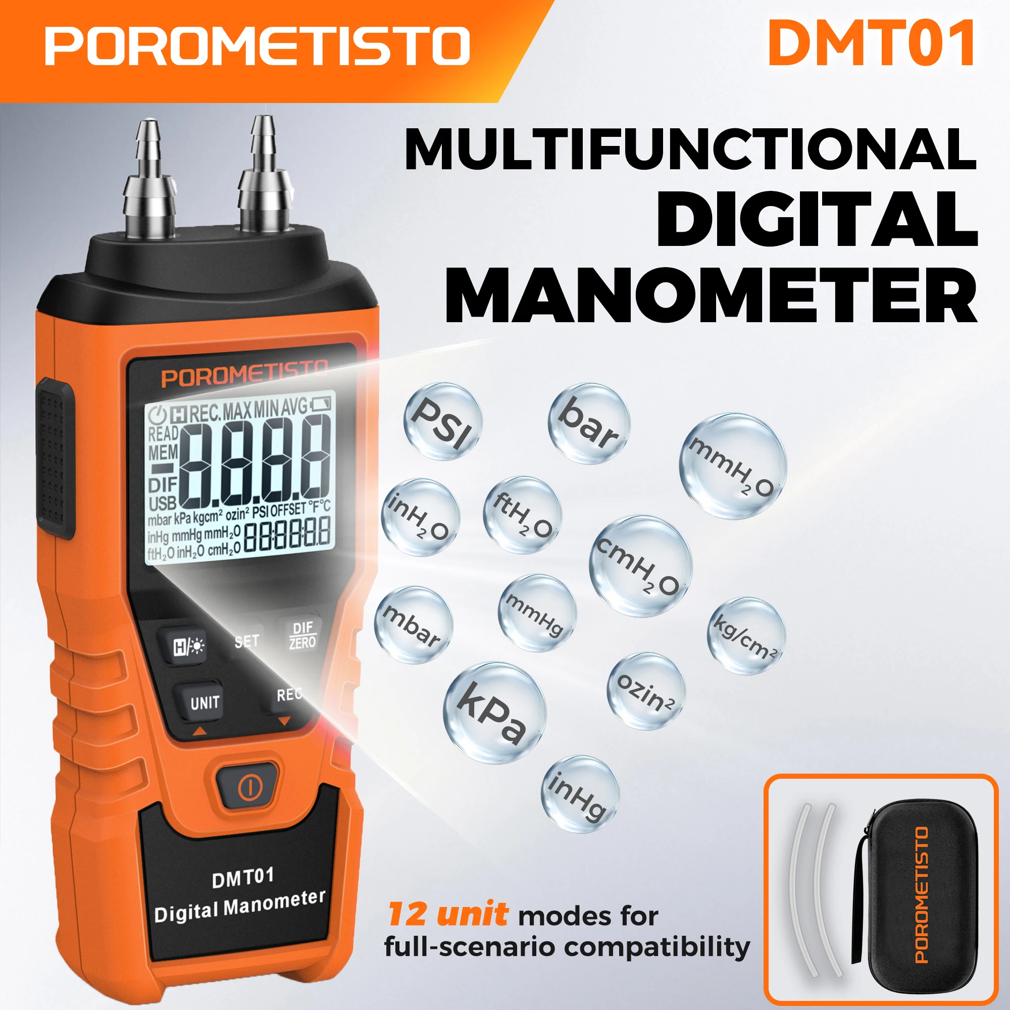 DMT01 Digital Manometer ±5 PSI 12 Units Air Differential Pressure Gauge Meter Kit Detector for HVAC Auto Boiler Testing ±0.3%FS