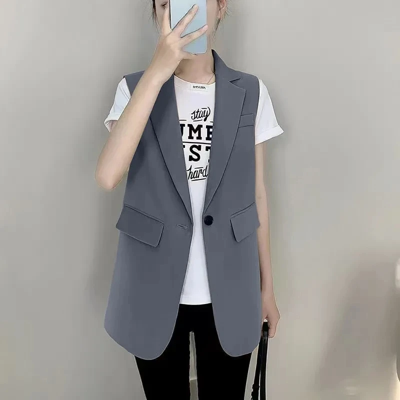 2025 Women Spring Summer Suit Vest Jacket For Women Autumn Mid-length Sleeveless Waistcoat Suit Vest Korean Loose Vest Blazer