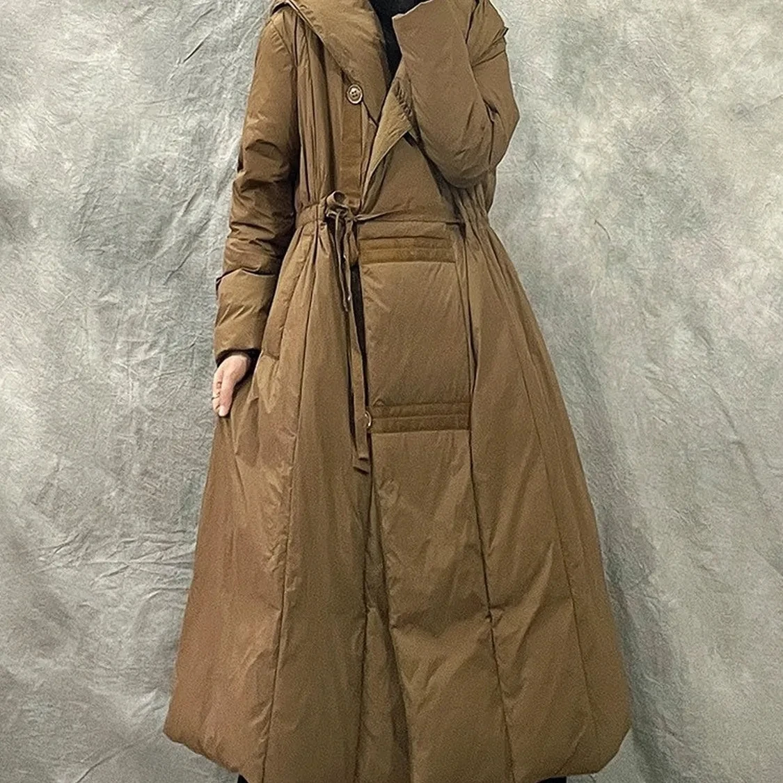 Long Hooded Down Jacket For Women 2023 Winter Loose Overcoat Solid Duck Down Coats Drawstring Windproof Luxury Warm Clothes Top