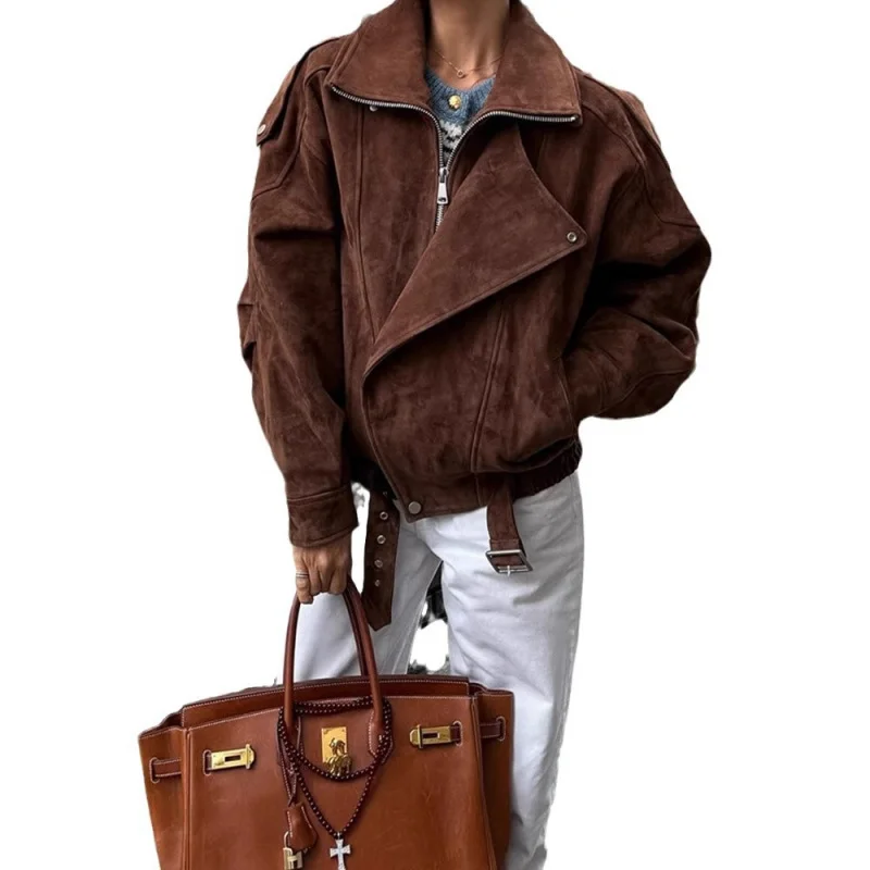 2025Moda casual retrò allentata corta marrone da donna europea e americana di vendita calda