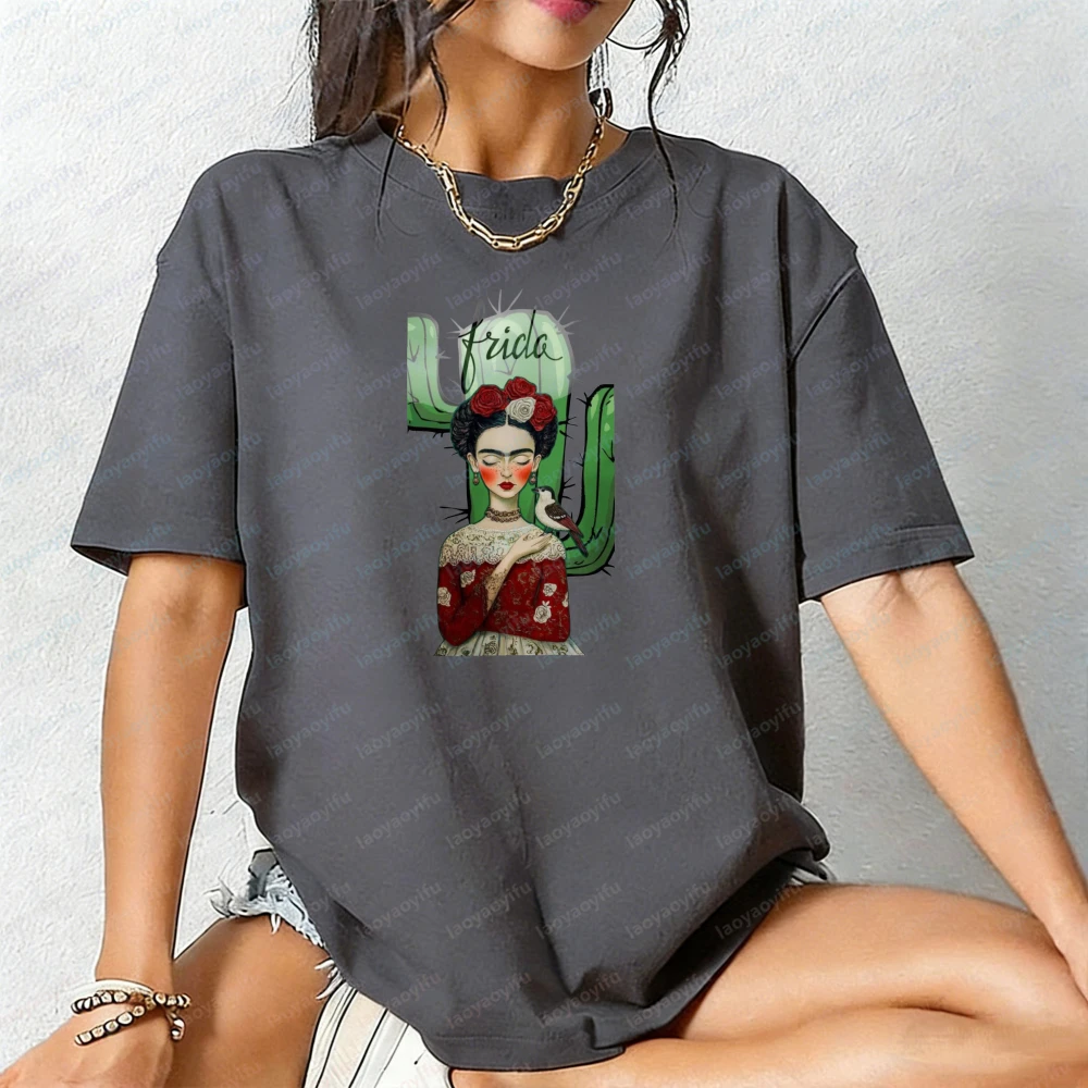 

Vintage Mexico Cultural Frida Kahlo Cactus Art Print T-Shirt Cinco De Mayo Casual Fashion Trendy Unisex Cotton Tees Streetwear