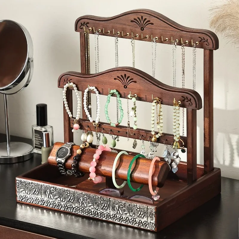 Solid Wood Jewelry Storage Shelf Luxury Bracelet Display Organizer Large Capacity Necklace Stand Women's Bangle Earring Holder
