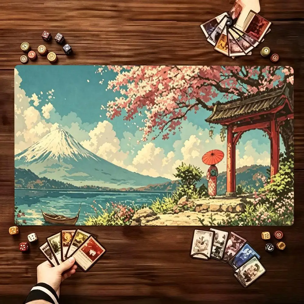 TCG Tabletop Playmat Vintage Fuji Mountain Sakura Art Print Large Non Slip Rubber Pad Smooth Cloth For Trading Card Table Gaming