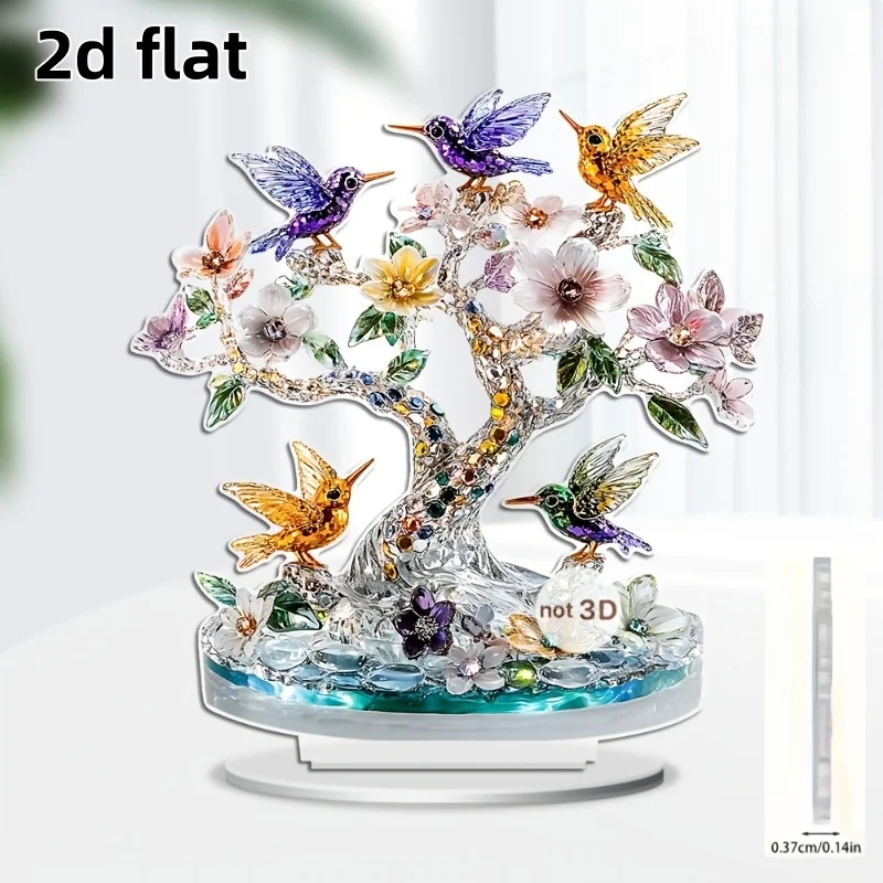 2D Flat, One 2D Flat Gemstone Hummingbird Garden Tree Acrylic Three-dimensional Ornament, Featuring a Crystal-clear Branch with
