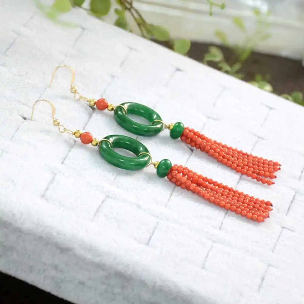 

Natural Green jade Red coral beads Circle fringe Earrings FOOL'S DAY Lucky Ear stud Diy New Year Halloween Hook VALENTINE'S DAY