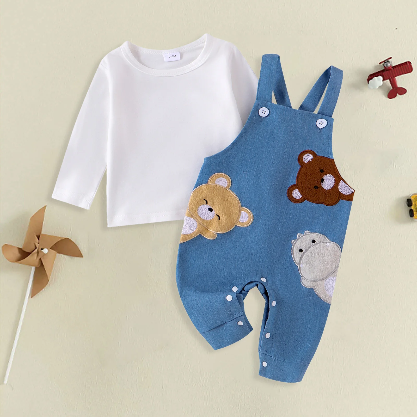

Set Boys Baby Boy Girl Fall Outfits Newborn Long Sleeve Tops Bear Embroidery Overalls Pants Set 2Pcs Boys Dress Shirt Bow Tie