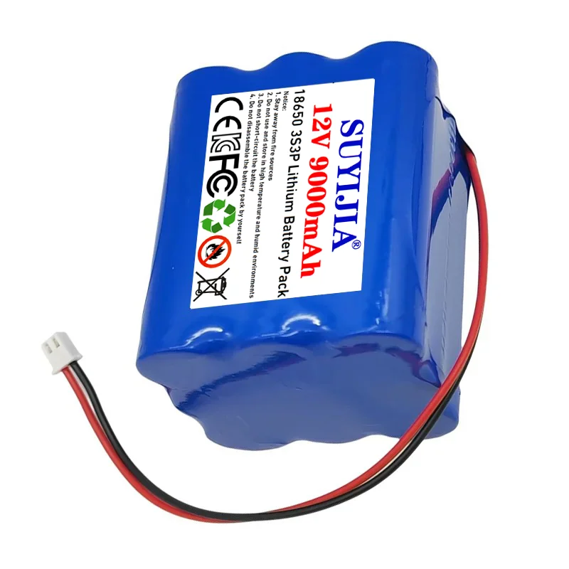 11.1V 12V rechargeable 3s3p 9000mAh large capacity lithium battery pack 18650 for outdoor LED light audio monitoring-xh2.54 plug