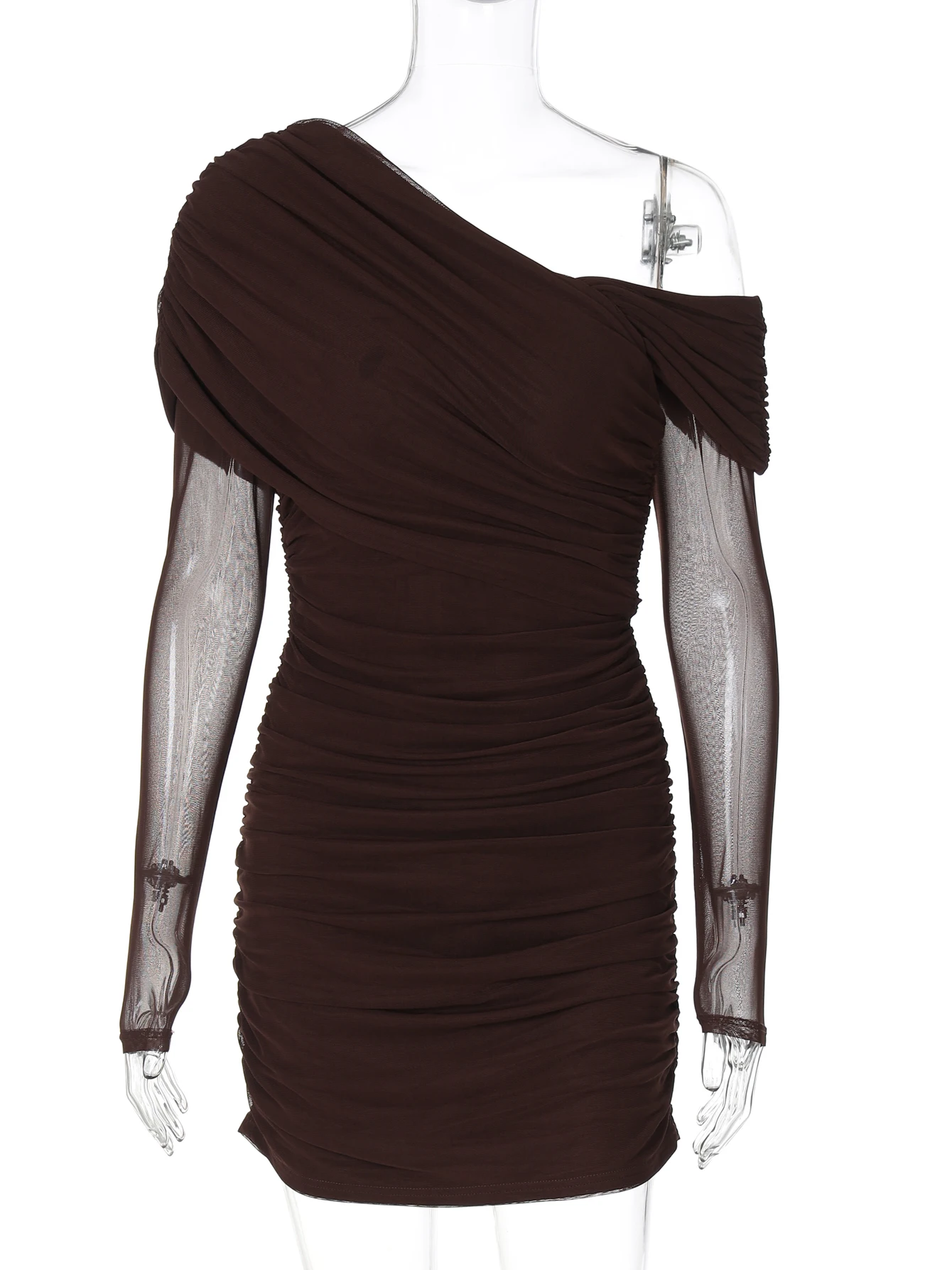 DGLUKE – Mini robe Sexy en maille transparente pour femmes, épaules dénudées, manches longues, asymétrique épaule dénudée, froncée, moulante