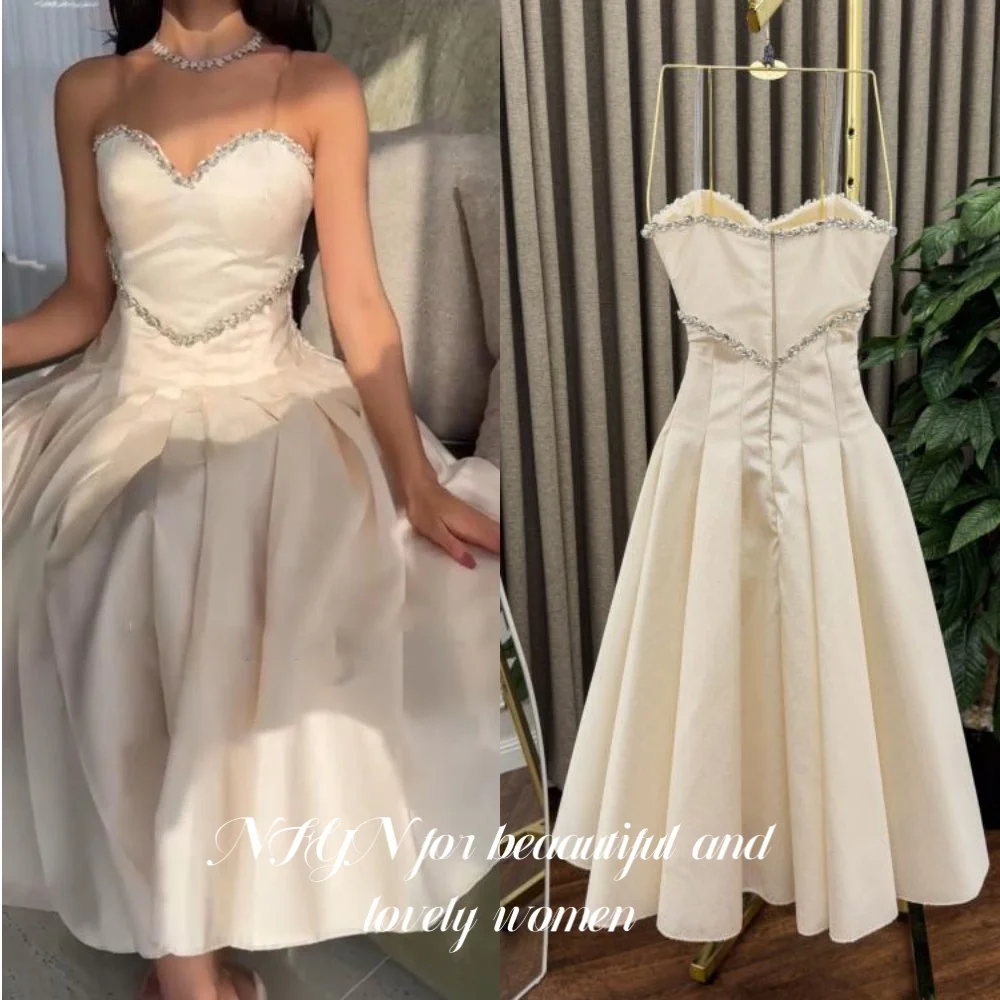 NFYN robe de soirée tache ivoire une ligne chérie robe de nuit sans manches plis de cristal a-ligne robe de soirée balayage Train personnalisé