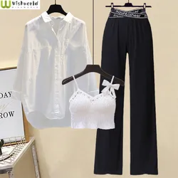 Spring and Summer Women's Suit 2022 New Style Waist Closing Slim Age Reducing Suspender Shirt Wide Leg Pants Three Piece Set