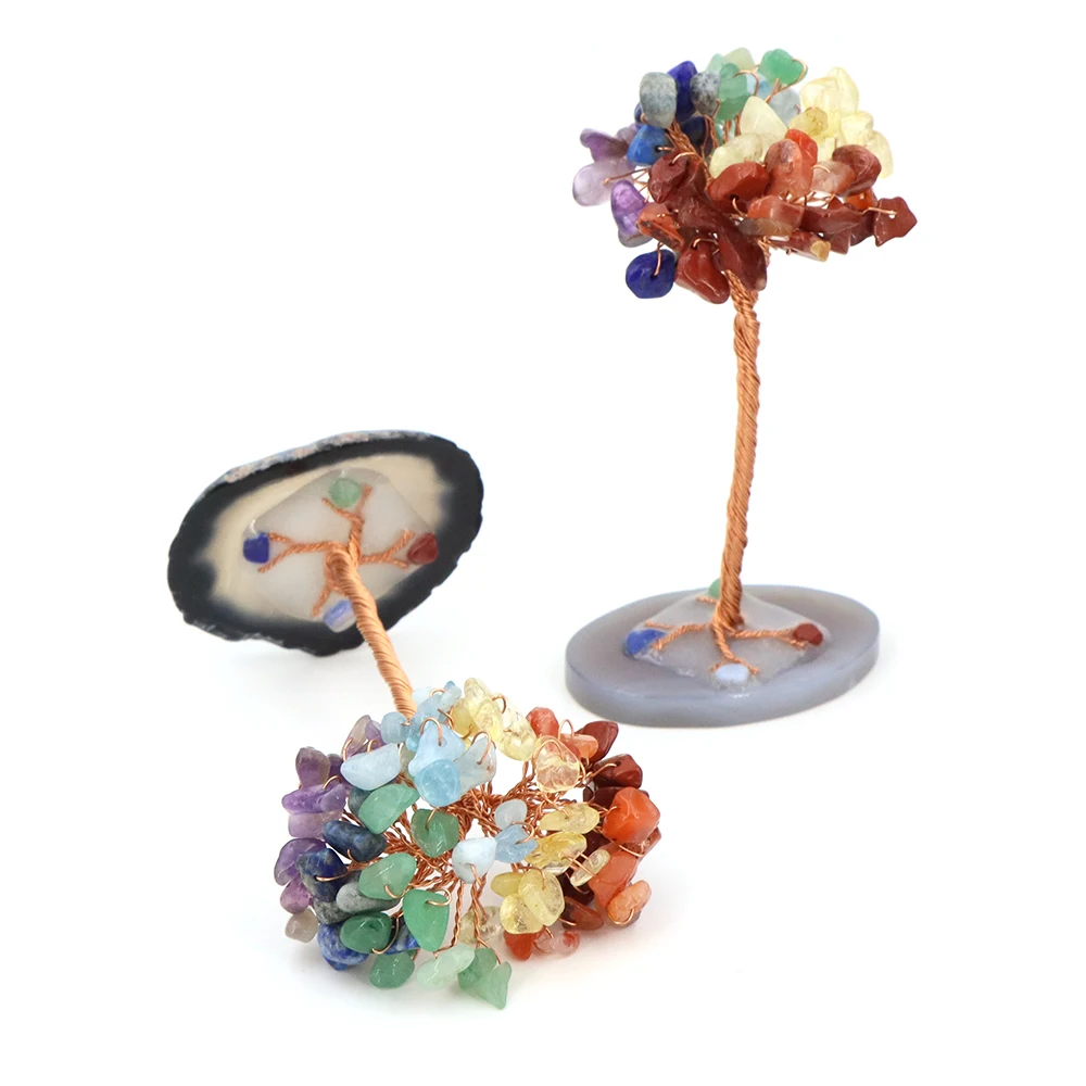 1pc Natural Colorful Crystal Crushed Stone Fengtail Tree Agate Piece Base Copper Wire Winding Healing Gems Fortune Tree Ornament