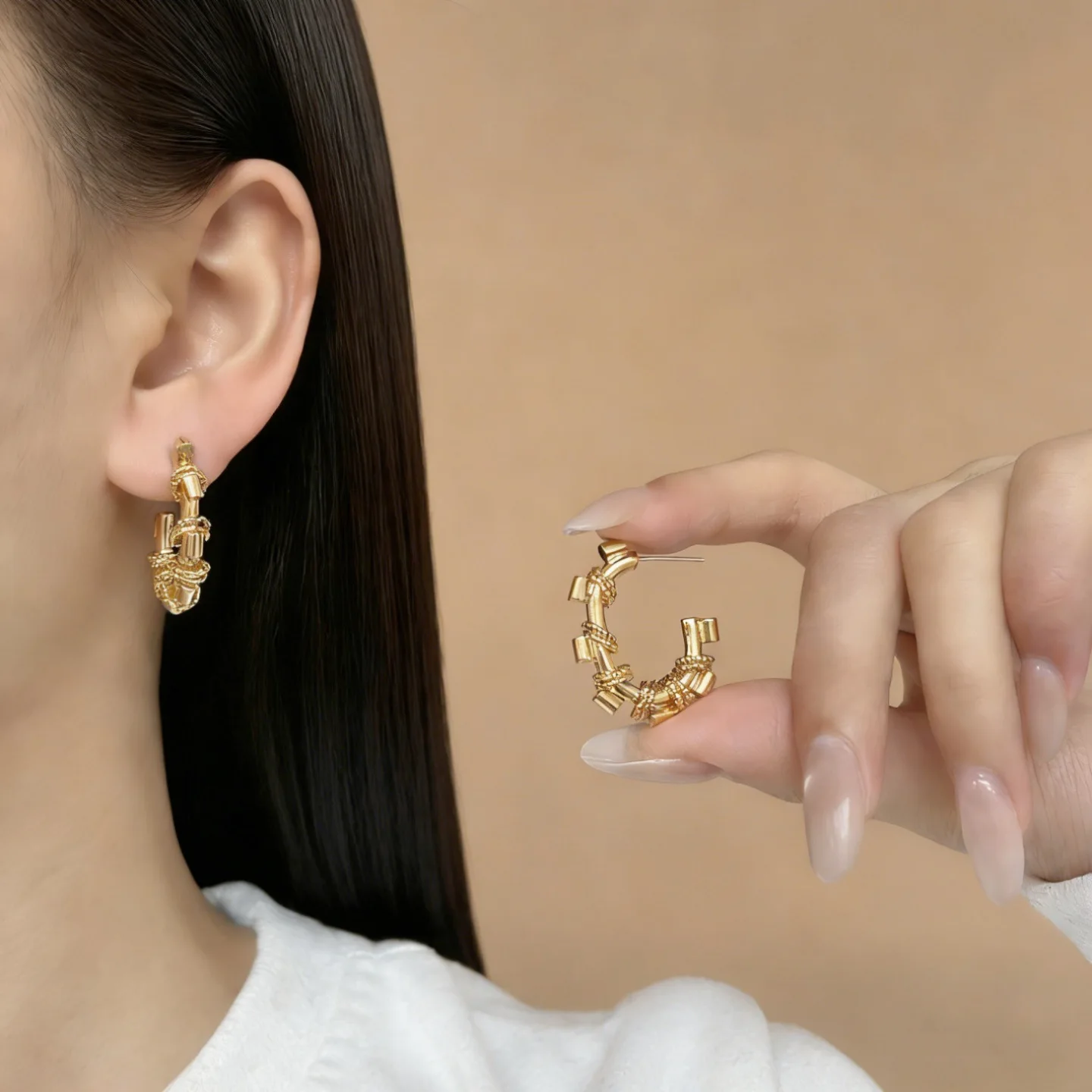 Women's Fashionable Personality High-End Feel Gold-Plated Oval Ring Earrings European American Style Ins Trend Metal Jewelry