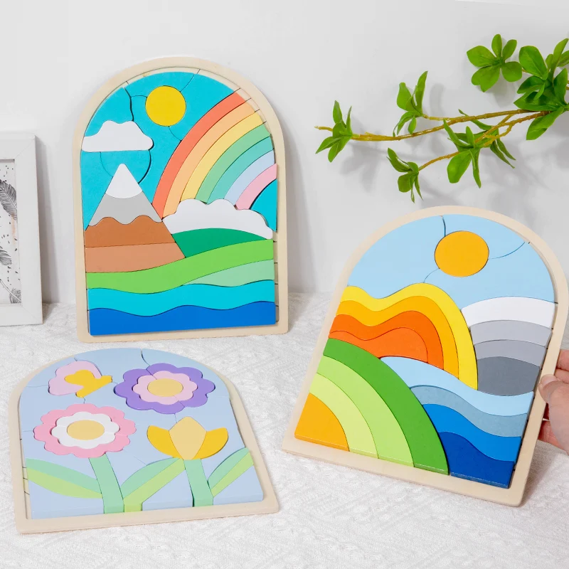 Neue Kinder früh lernen kreative Rätsel Spielzeug Montessori passende Puzzle Brettspiel pädagogische Holz Regenbogen Spielzeug für Kinder