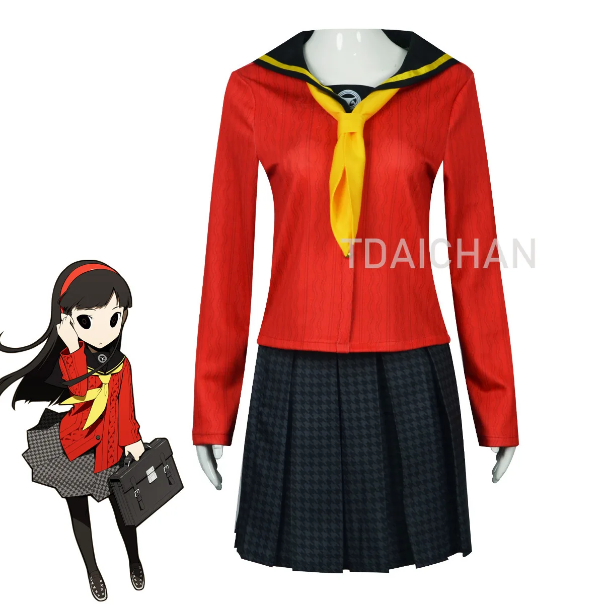 Persona 4 Golden Amagi Yukiko Cosplay Costume Red Sailor Uniform Plaid Skirt 80cm Black Wig Halloween School Outfit P4G - view 2