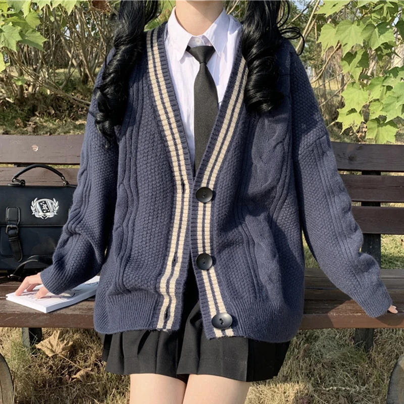 Varsity-Striped Cardigan Sweater for Women Long Sleeve Button-up Knitted Humble Cardigan High School Preppy Style Outfit