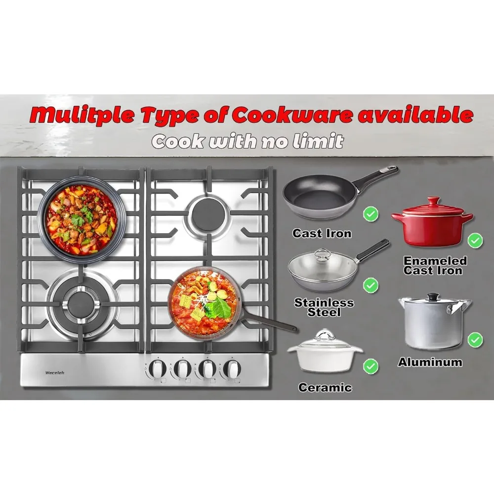 Table de cuisson à gaz 4 brûleurs, dessus de cuisinière à gaz intégré de 24 pouces, tables de cuisson au double carburant au propane, cabriolet NG/GPL, acier inoxydable haute puissance
