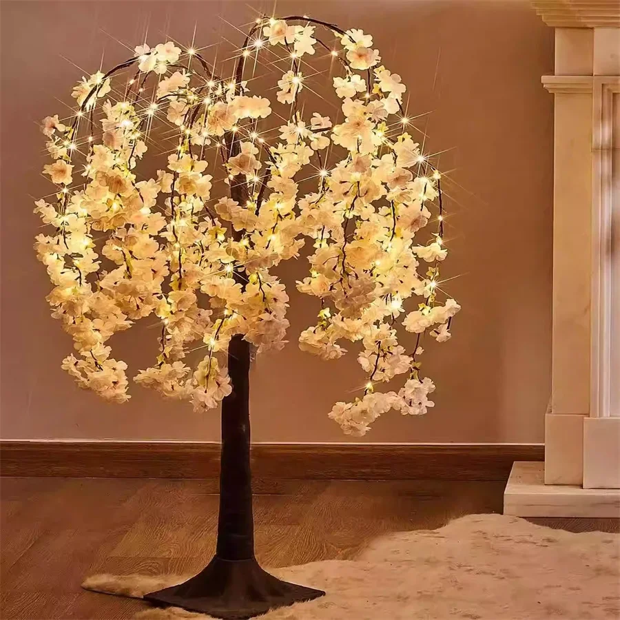 Thrisdar White Pink Lighted Cherry Blossom Tree With Fairy Light Artificial Light up Tree with Faux Flower for Home Garden Decor