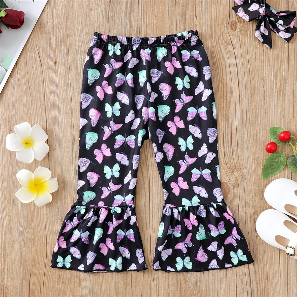 3PCS Kids Baby Girl Autumn Clothes Set Long Sleeve Top+Butterflies Pant with Headband Lovely Outfit for Children Girl 1-5 Years