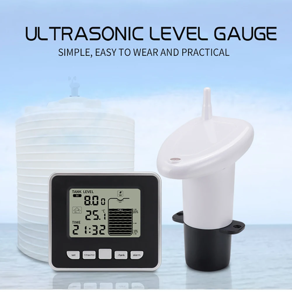 Multifunctional Ultrasonic Water Tank Liquid Level Meter with Temperature Sensor Water Level Time Display, Low Battery Indicator