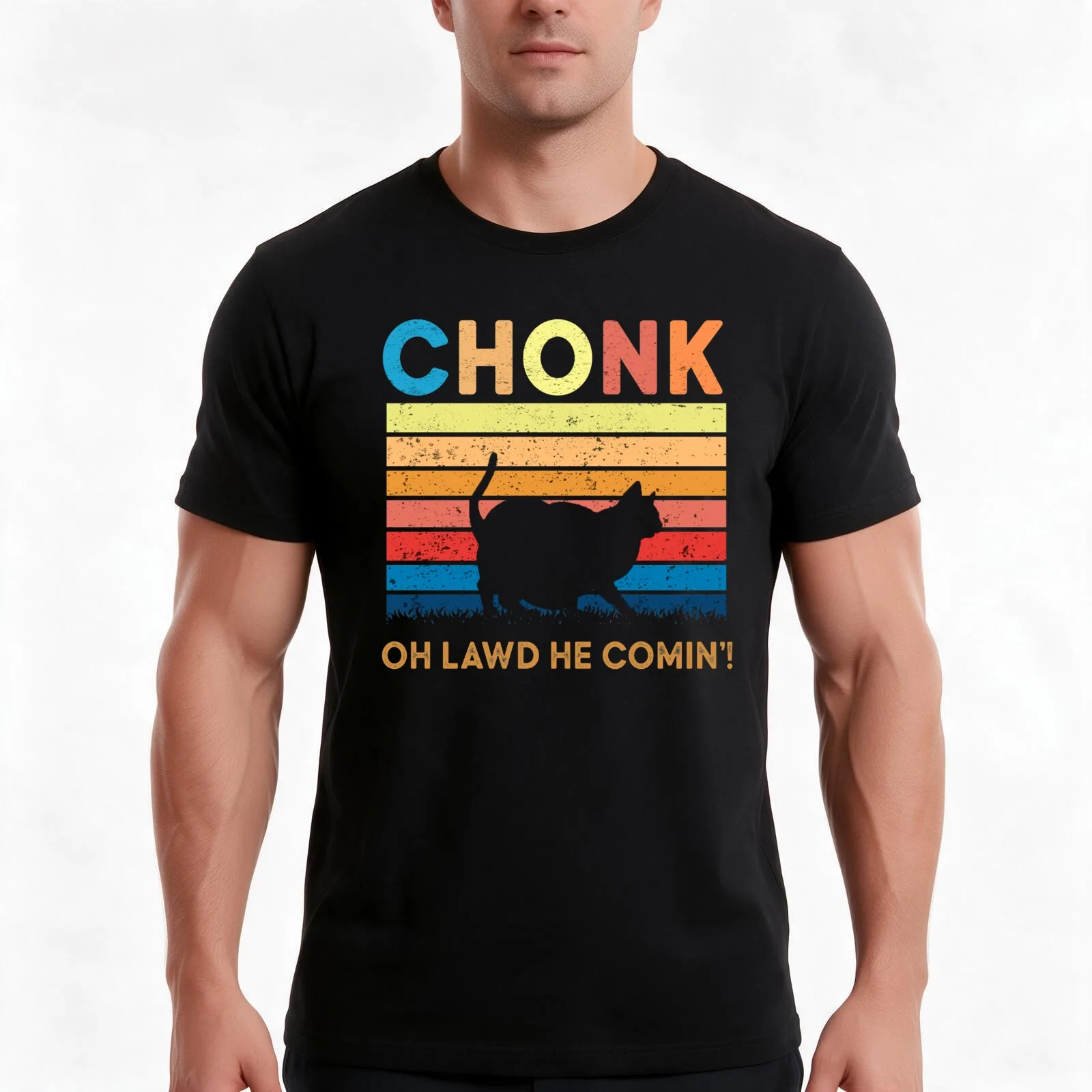 Funny Chonky cat oh lawd he comin chonk Scale absolute unit Cat meme retro vintage T-Shirt, Summer Casual Cotton Tee