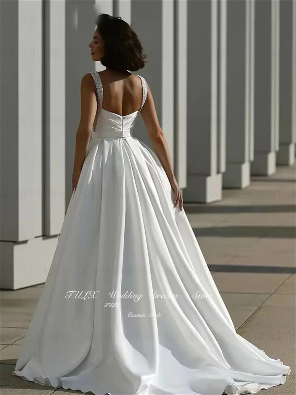 TULX Elegant Spaghetti Strap 2025 Wedding Gowns Sparkly Floor Length Sexy Side Split Bride Dresses Satin White Women Bridal Gown