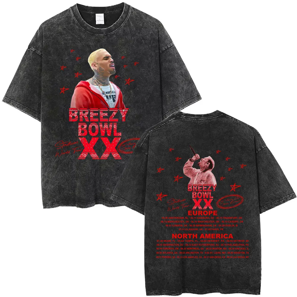 

Washed Vintage Rapper Chris Brown Breezy Bowl XX Tour 2025 Pop Music T-shirt Men Women Clothing Hip Hop Fashion Street T Shirts