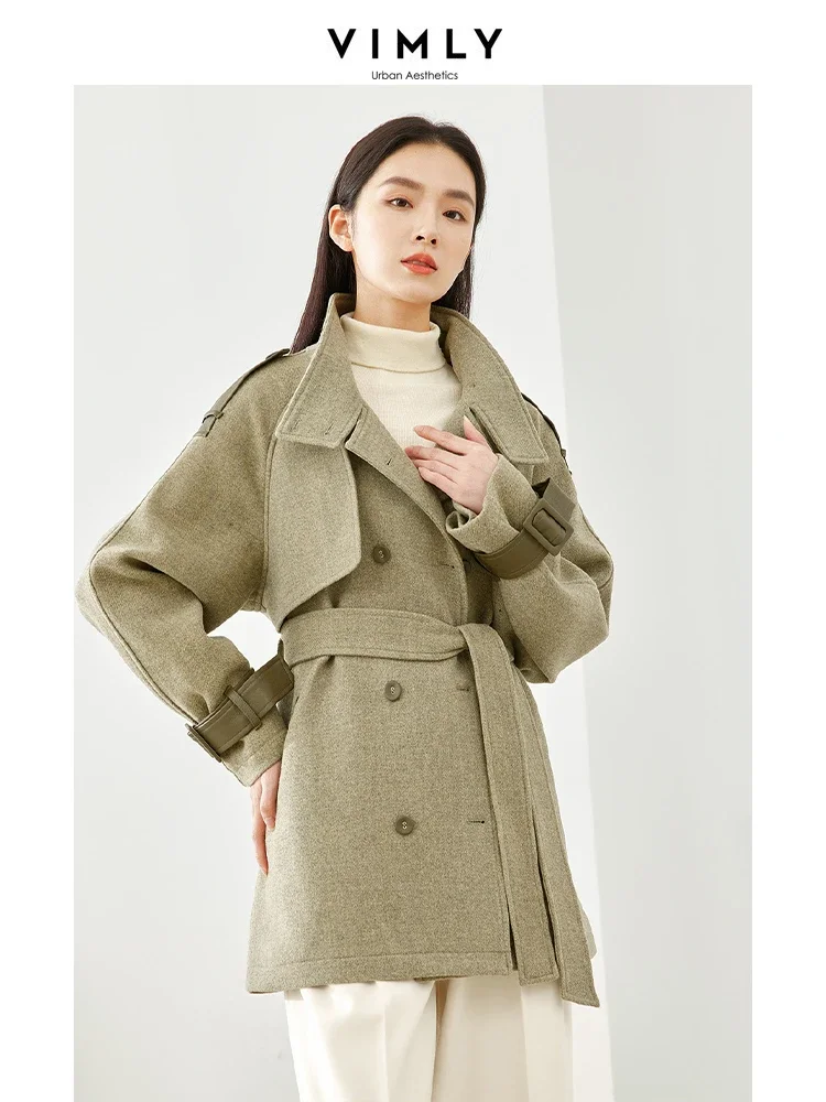 

Vimly Wool & Blends Quilted Coats Notched Collar Double Breasted Tie Belt Overcoat Female 2023 Winter Long Sleeve Jacket M5627