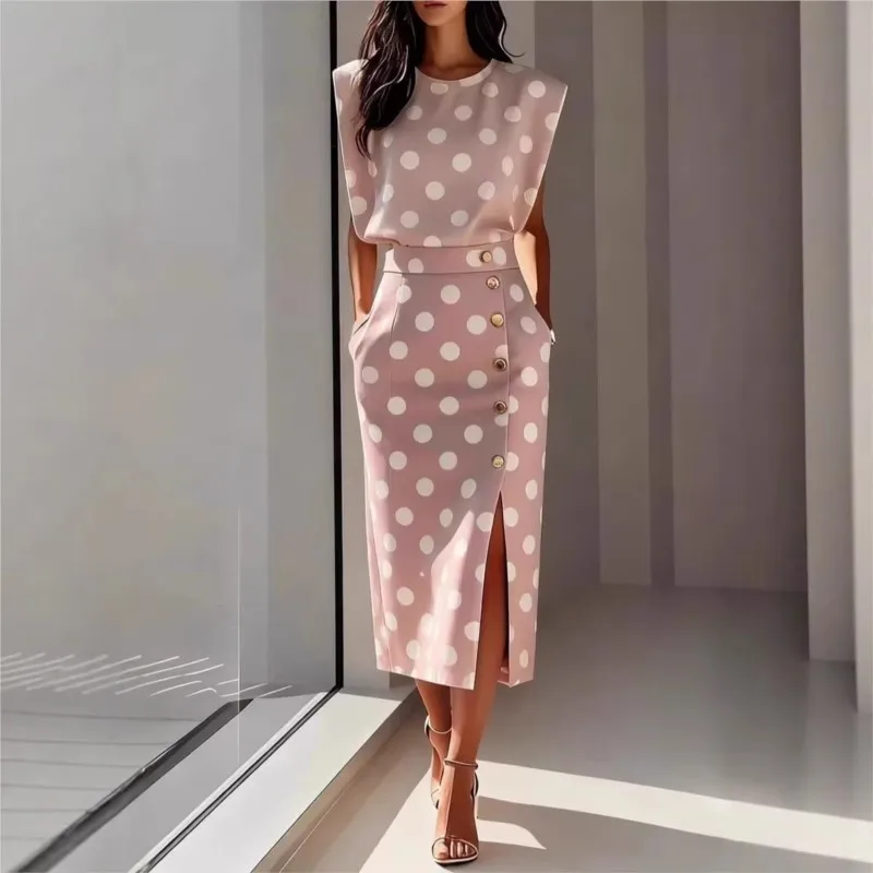 

Elegant Fashion Women's Midi Dress Spring Summer Print Button Sleeveless Round Neck High Waist Split Office Lady Commute Dresses