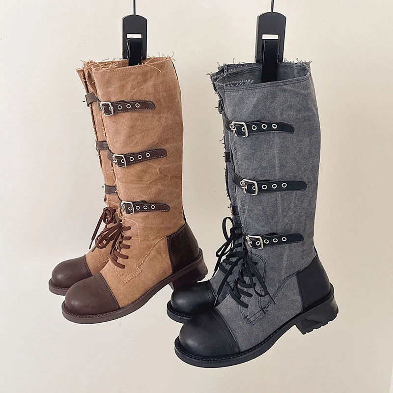 Retro Knight Boots Women's Splicing 2026 New Belt Buckle Style High Heels