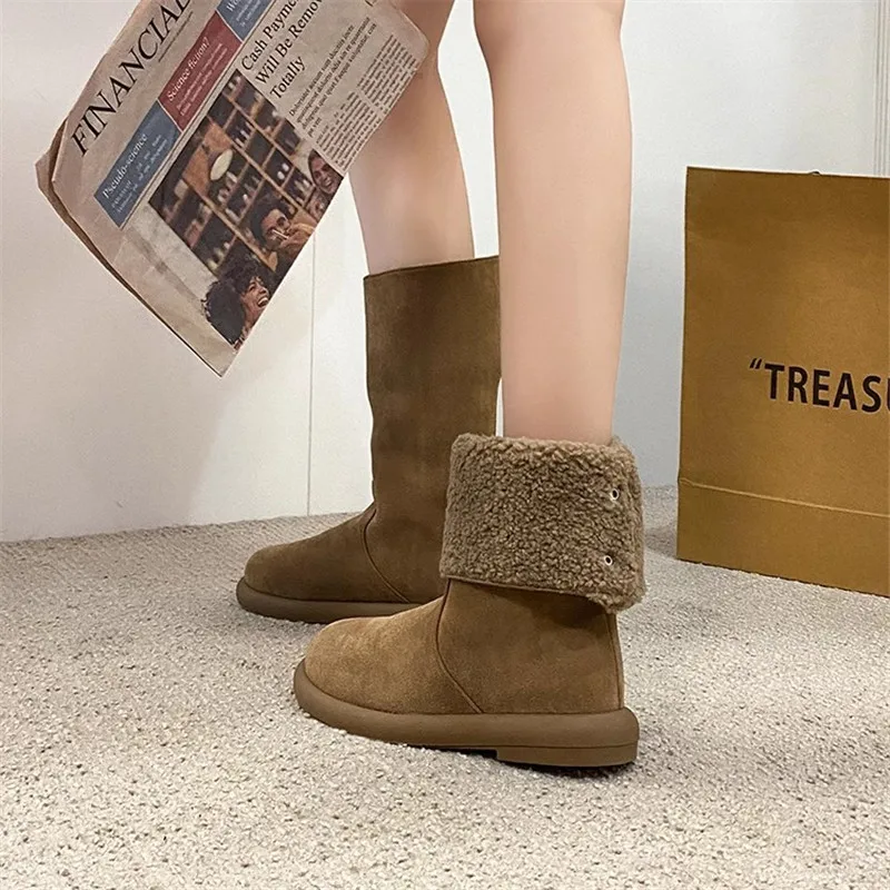 Suede Fur Flats Women Ankle Snow Boots Winter Warm Short Plush Women Shoes New 2024 Fashion Designer Chelsea Boots Femme Zapatos