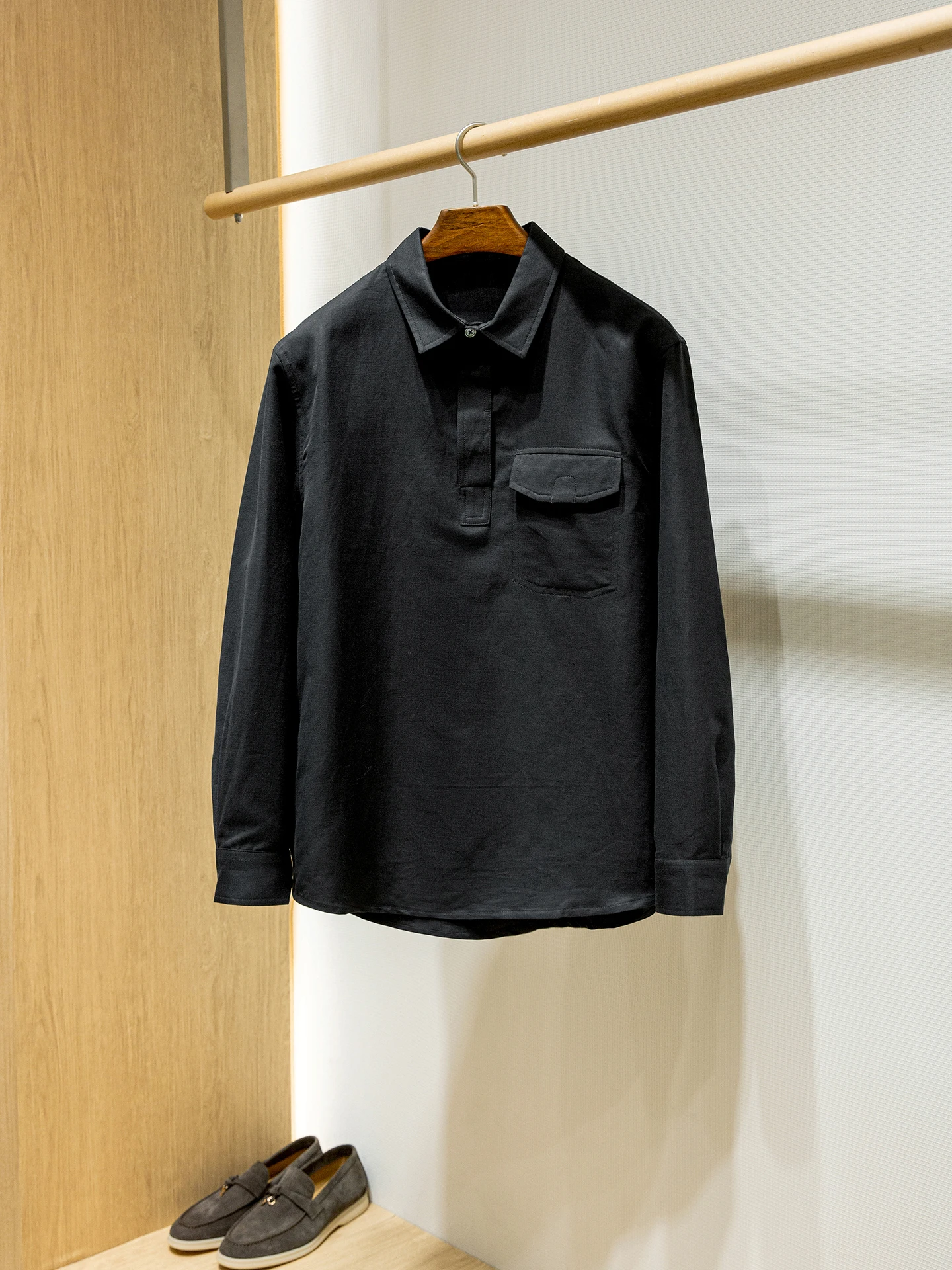 Linen cotton blend natural pleated, men's lapel half-open pocket long-sleeved shirt