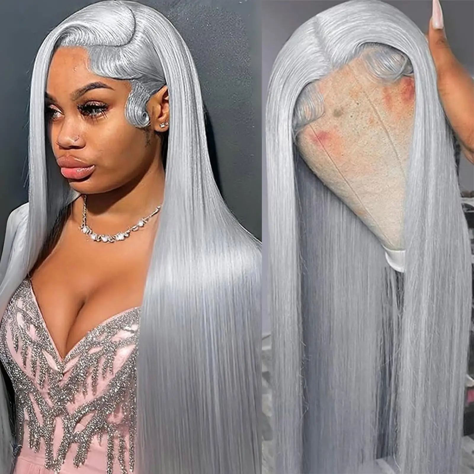 

40 Inch Silver Grey Colored Straight Lace Front Wigs Human Hair Brazilian 13x4 13x6 Hd Lace Frontal Wigs For Women 200 Density