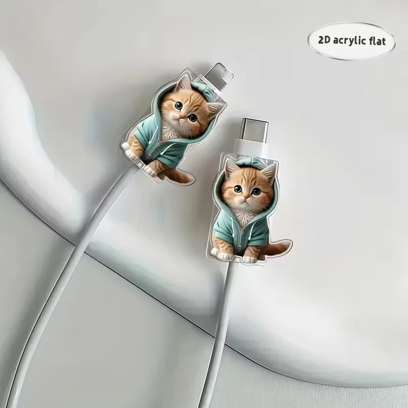 Two Cute Cat 2D Acrylic Cable Protector Anti‑Break Charging Cord Saver Decor Phone Cable Accessory