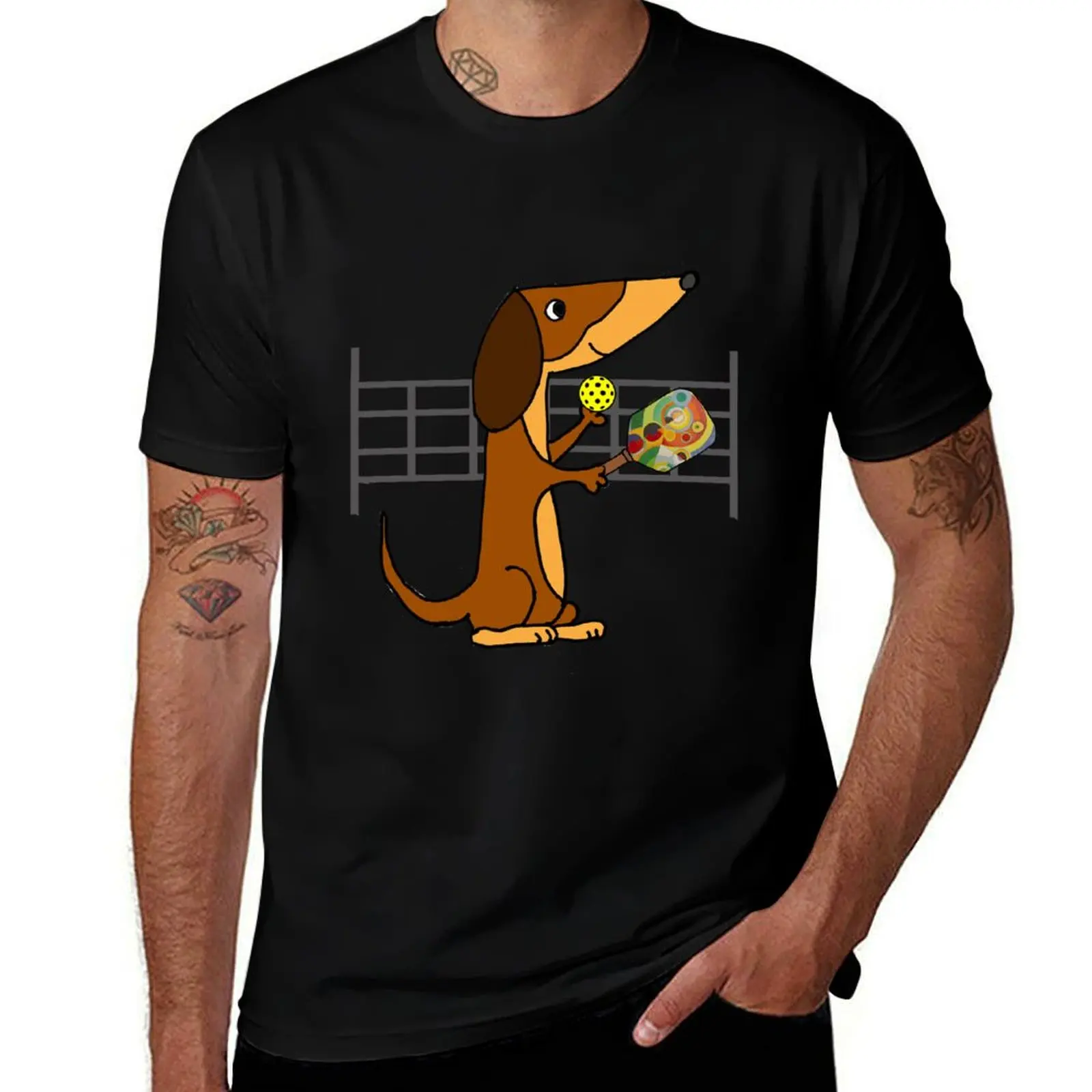

Funny Dachshund Dog Playing Pickleball Sports T-Shirt man t shirt anime figures cheap stuff mens t shirts