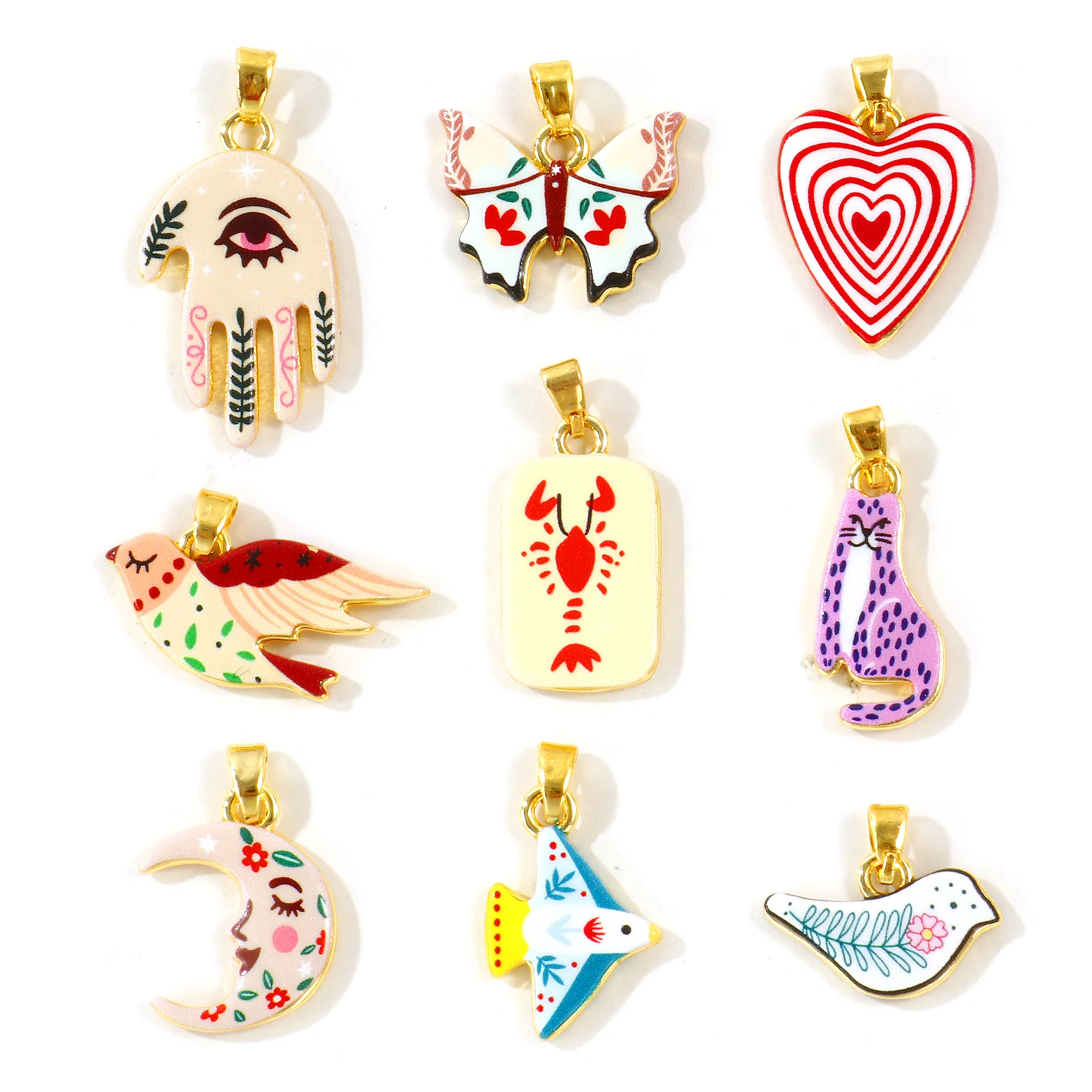 2pcs Multicolor Enamel Heart Bird Moon Double Sided Printed Charms 18K Gold Plated Brass Pendants For Women DIY Necklace Jewelry