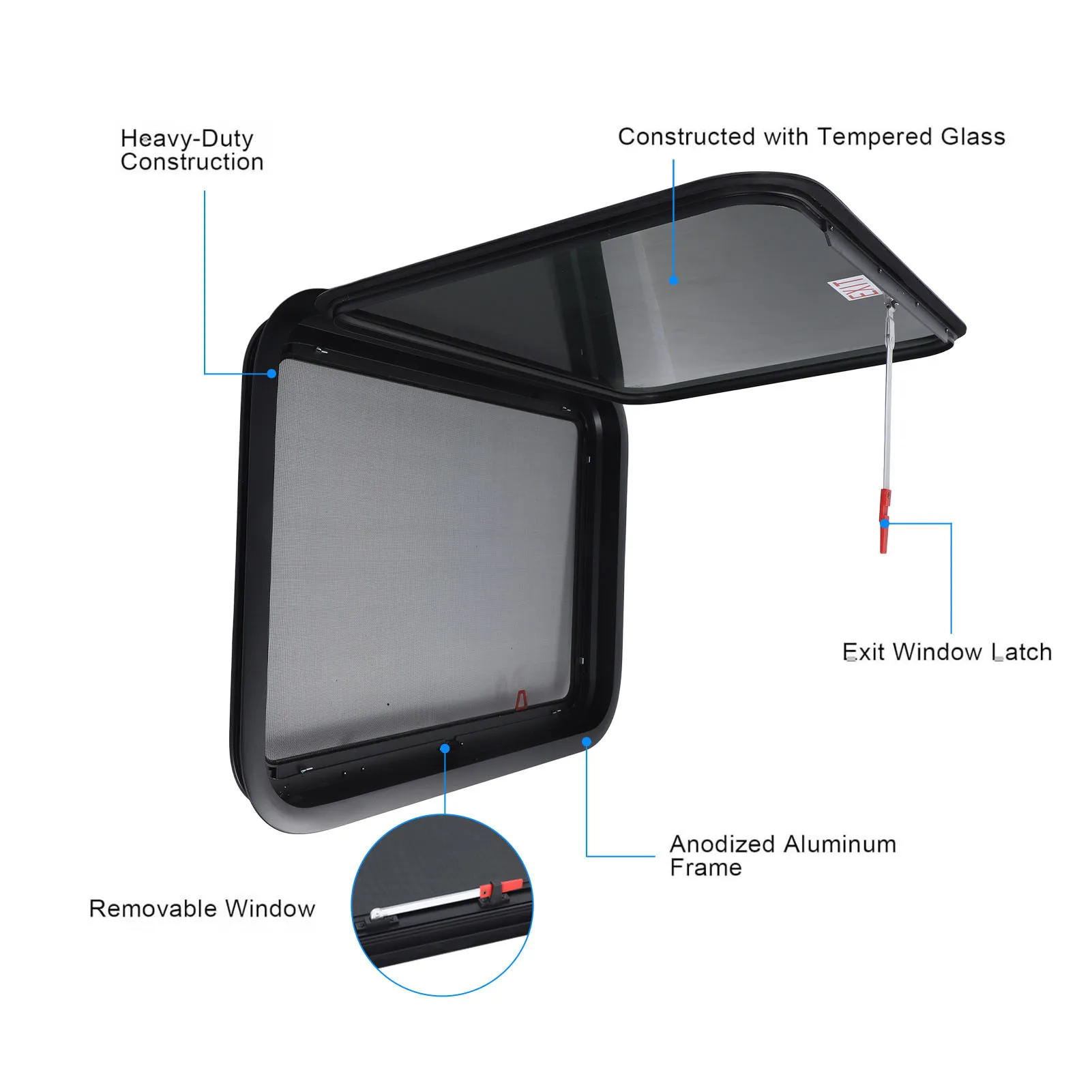 RV 출입구 창문 762×559mm 프라이버시 강화 UV 강화유리 스크린 및 트림 키트 포함 팝아웃 출입구 RV 트레일러 캠퍼용