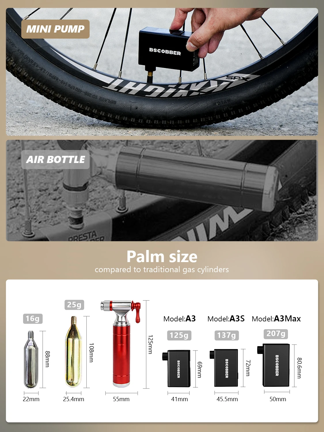 BSCOBBER Mini-Luftkompressor, Fahrradpumpe für Mountainbike-Reifen, tragbarer Fahrradreifenfüller mit digitaler Anzeige, 150 PSI, Kies – Detail 7