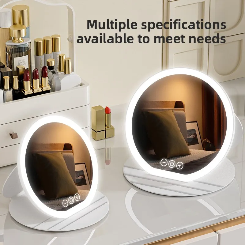 22cm Round LED Makeup Mirror 3 Color Light Touch Control Adjustable Brightness Desktop Vanity Mirror for Bedroom