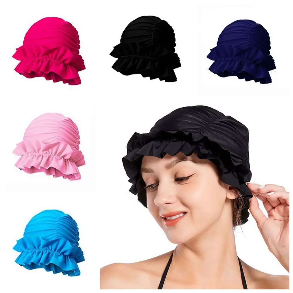 Fashion Stretch Drape Swimming Hat Protect Ear Free Size Bathing Cap Pleated Elastic Sports Swim Caps Women Girls