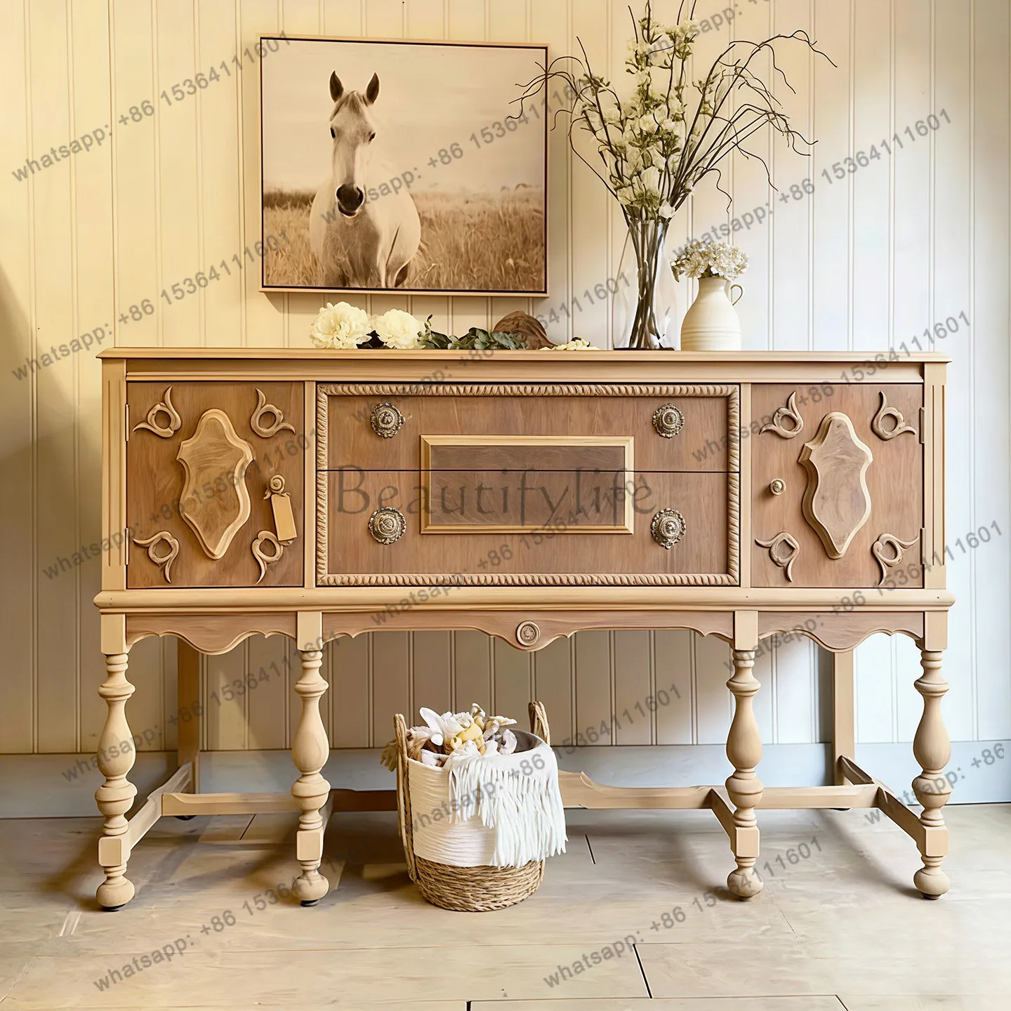 

French retro carved solid wood dining side locker, antique living room furniture storage cabinet